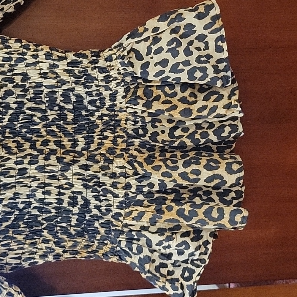 GANNI | Leopard Print Smocked Short Sleeve Peplum Hem top Cotton & Silk - XS - Picture 3 of 12
